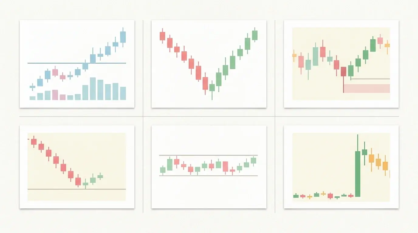 Two-by-three grid of minimalist intraday candlestick setups — London open breakout, NY reversal, liquidity sweep, range fade, and news spike