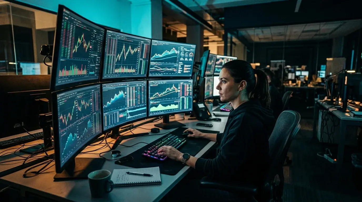 Photoreal six-monitor intraday trading desk at night with charts, order books, news tickers and AI analysis panels — the 2026 AI day trading workstation