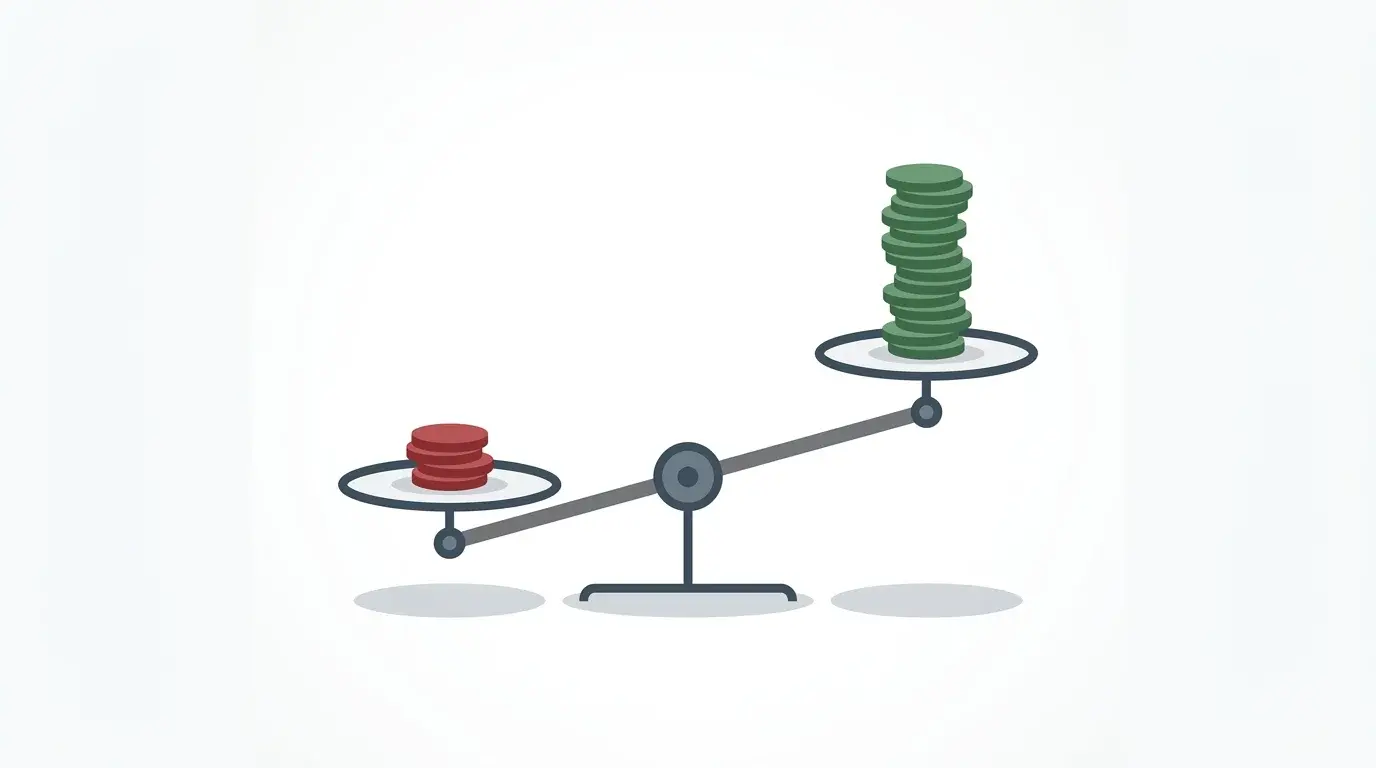 Balance scale with red risk chips on one side and taller green reward chips on the other — disciplined position sizing for intraday AI-assisted trades