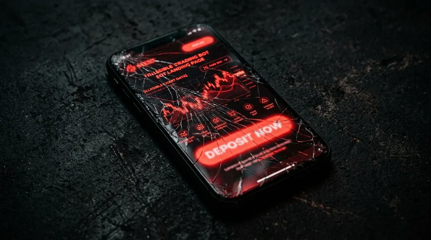 Cracked smartphone screen showing a fraudulent Quantum AI forex bot landing page — the visual pattern of the FX scam funnel
