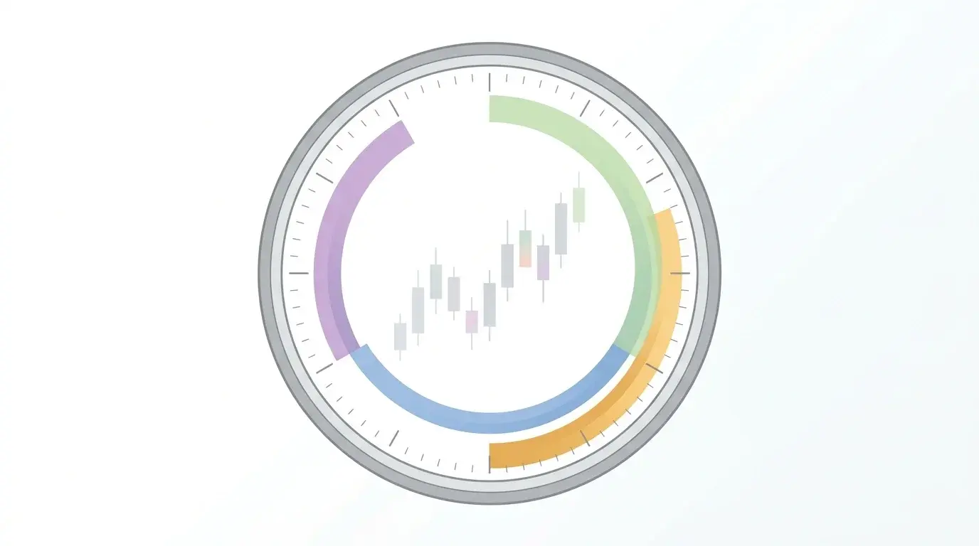 Circular 24-hour forex clock with four curved arc segments marking the Sydney, Tokyo, London and New York trading sessions