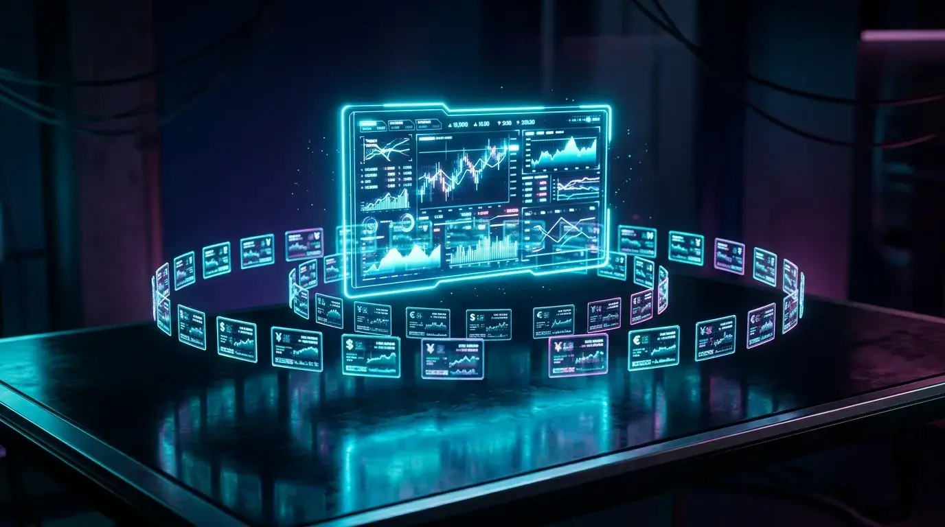 Hyperreal CGI holographic forex trading dashboard with 28 currency pair tickers radiating around a central AI analysis panel — the 2026 AI forex trading workflow