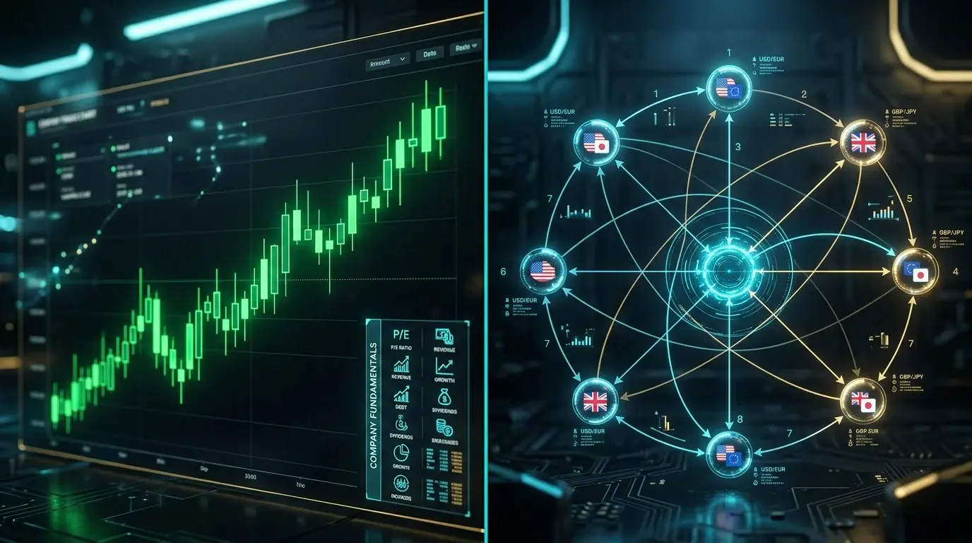 Cinematic split-screen — left side a single glowing stock candlestick chart with fundamentals icons, right side an eight-node forex currency network graph — the structural difference between stock AI and forex AI