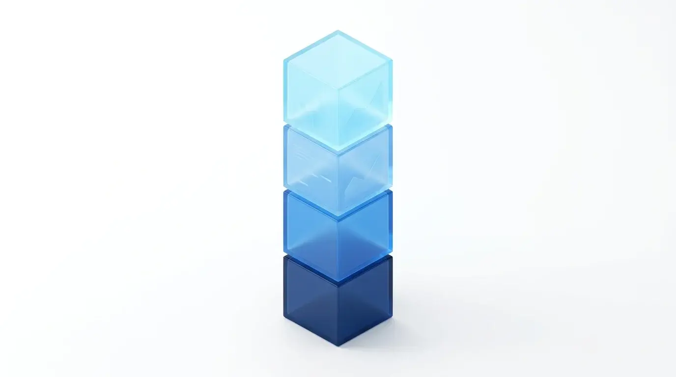 Isometric tower of stacked translucent cubes representing the data layers behind stock analysis — fundamentals, volume, options flow, earnings