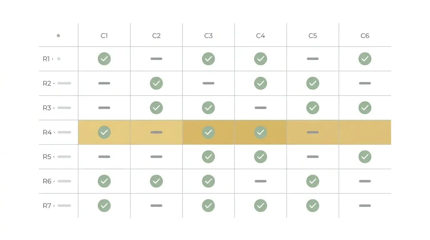 Minimalist comparison matrix infographic showing six AI trading apps scored across multiple capability rows