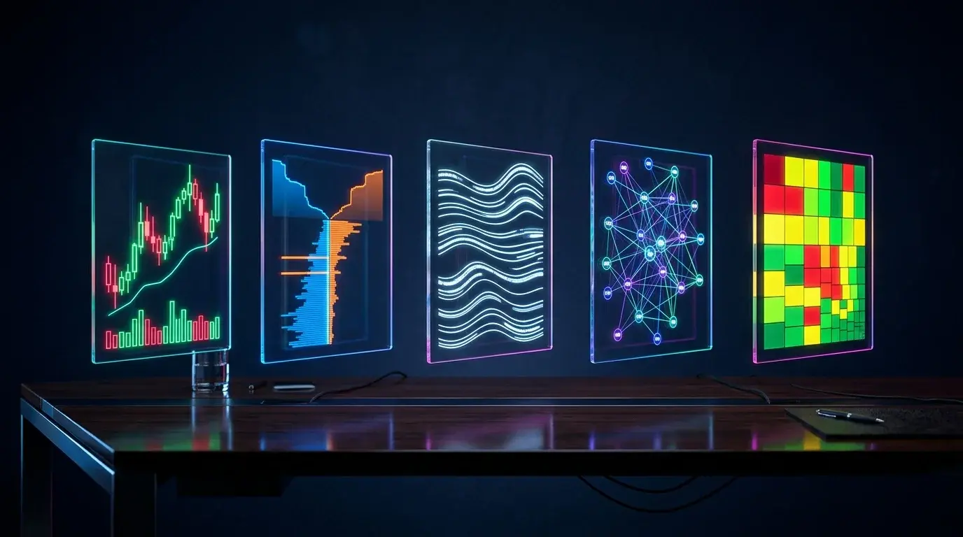 Cinematic editorial photograph of five floating holographic trading dashboards representing the leading AI trading apps in 2026 side by side