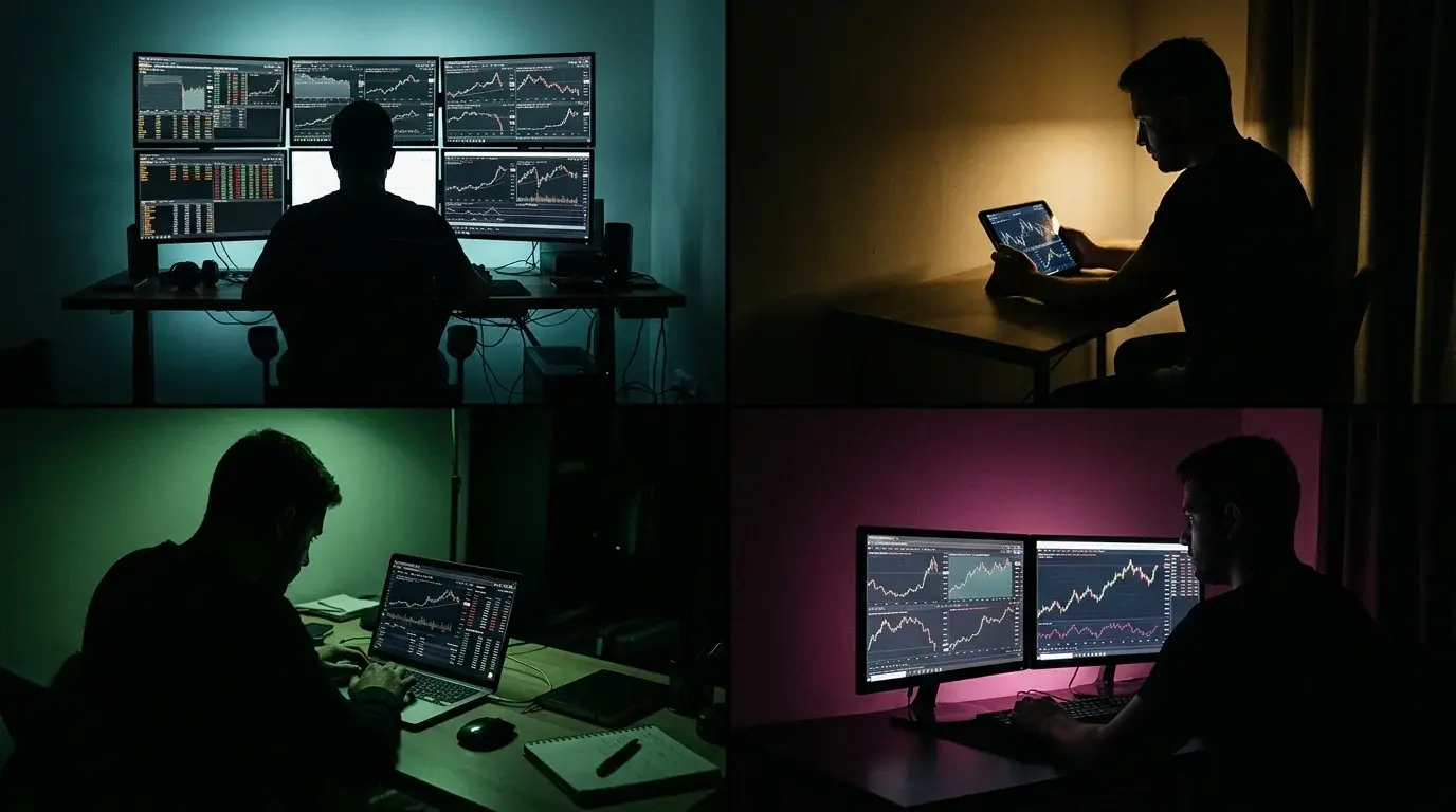 Four trader persona quadrants — multi-monitor day trader, tablet swing trader, laptop crypto trader, dual-screen forex trader — each tool fits a different workflow