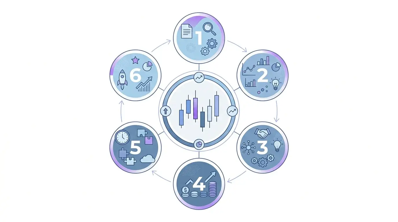 Six-step daily AI trading workflow — macro read, strength scan, chart read, risk sizing, execution, journaling