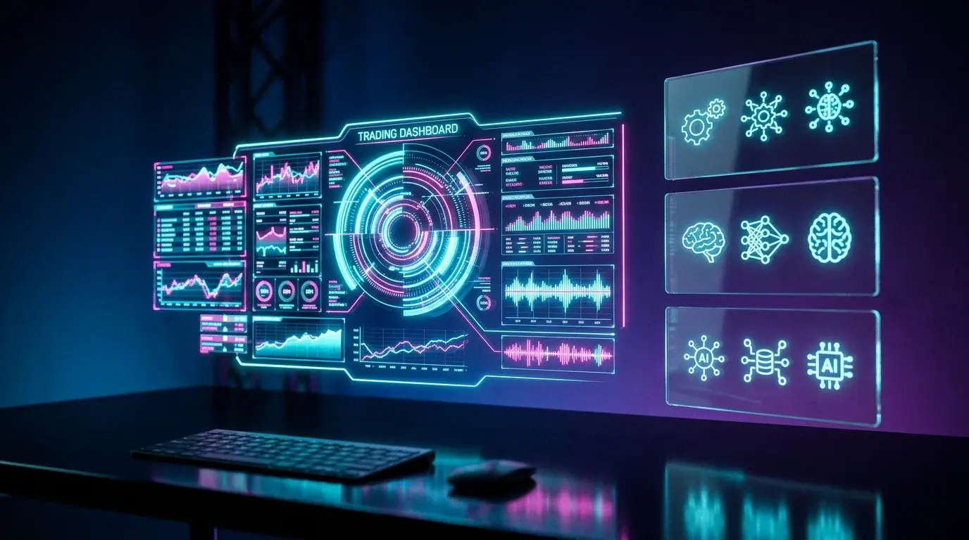 Hyperreal CGI of three glowing holographic AI trading dashboards representing the three categories of AI trading tools in 2026 — bots, LLM helpers, and purpose-built research AI