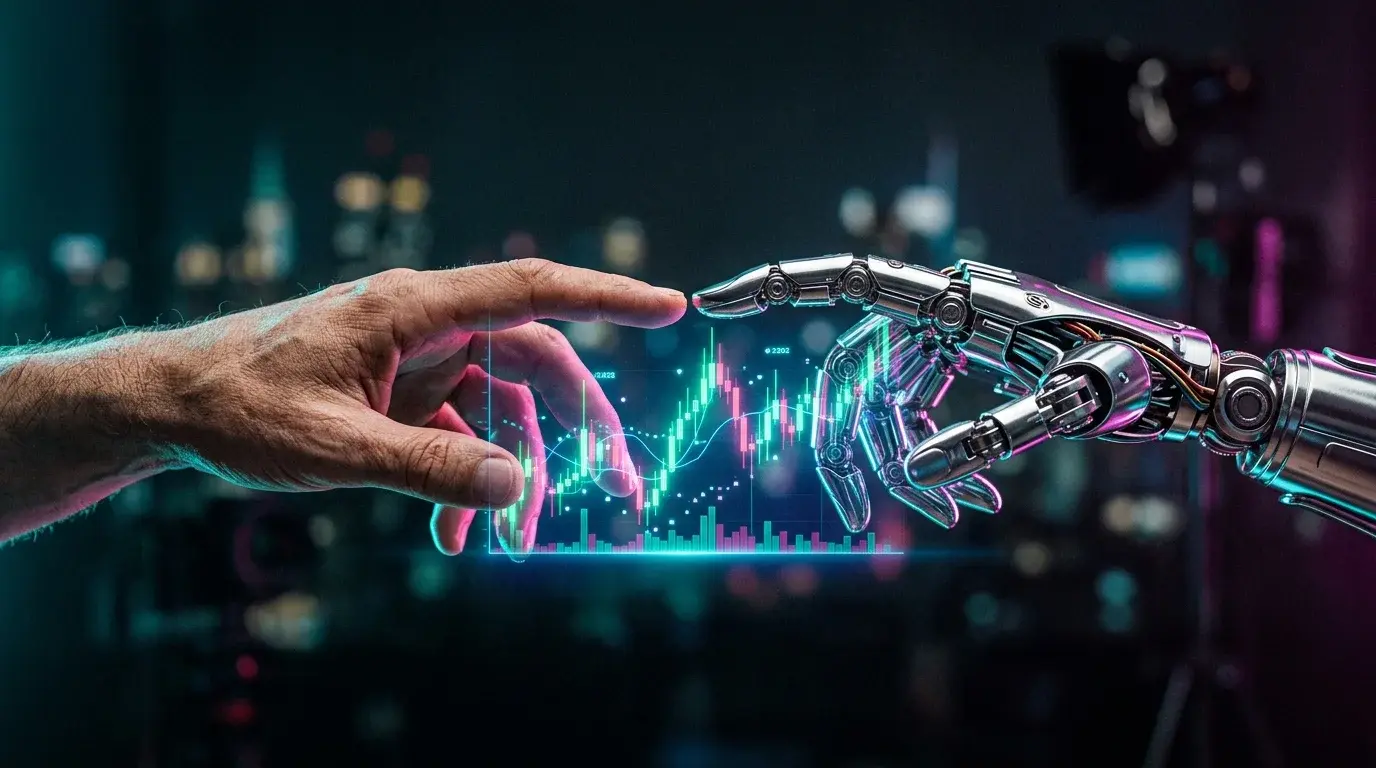 Human hand and robotic hand meeting over a glowing holographic candlestick chart, symbolising AI as co-pilot not replacement