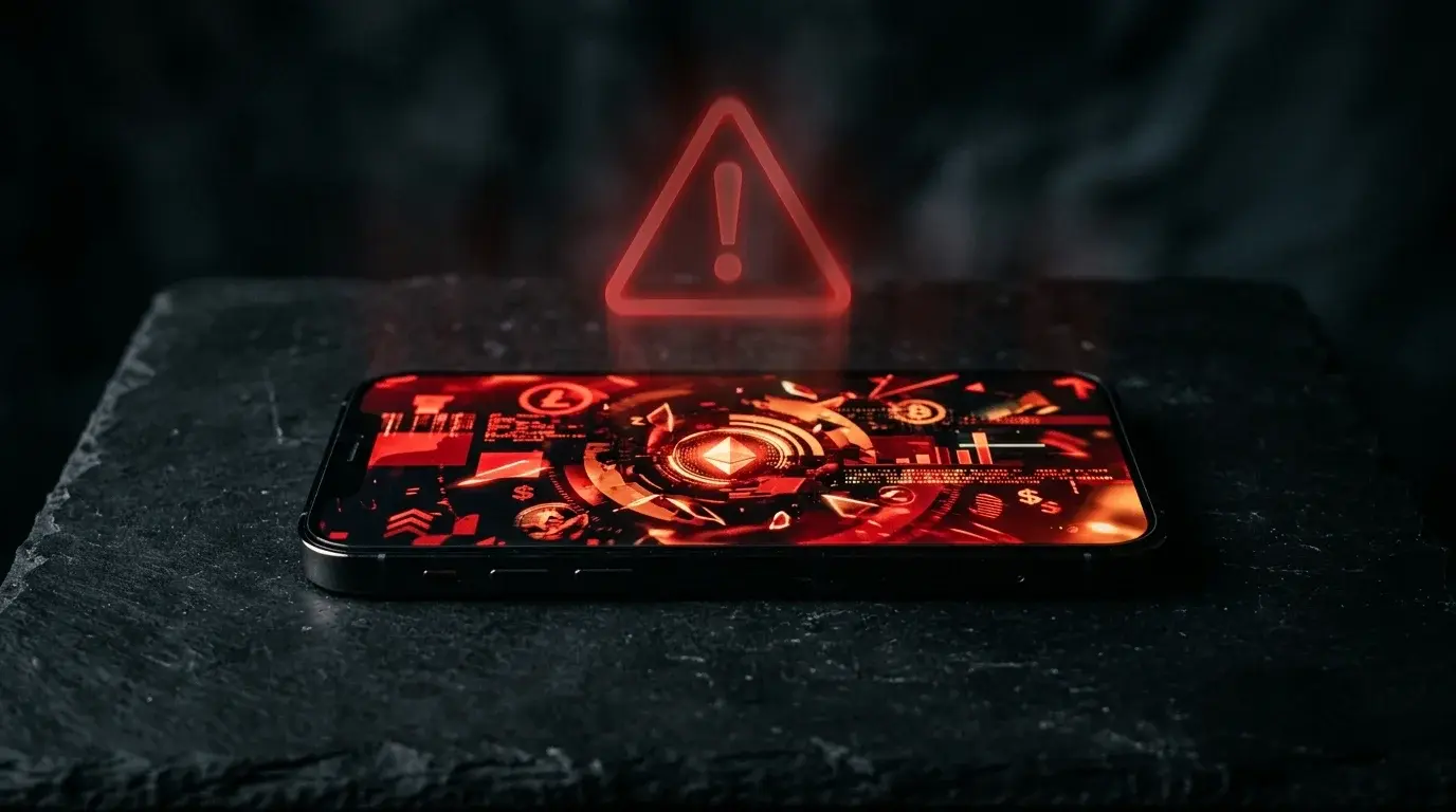 Smartphone screen showing a fraudulent Quantum AI style landing page with a warning triangle — visual of the AI trading scam pattern