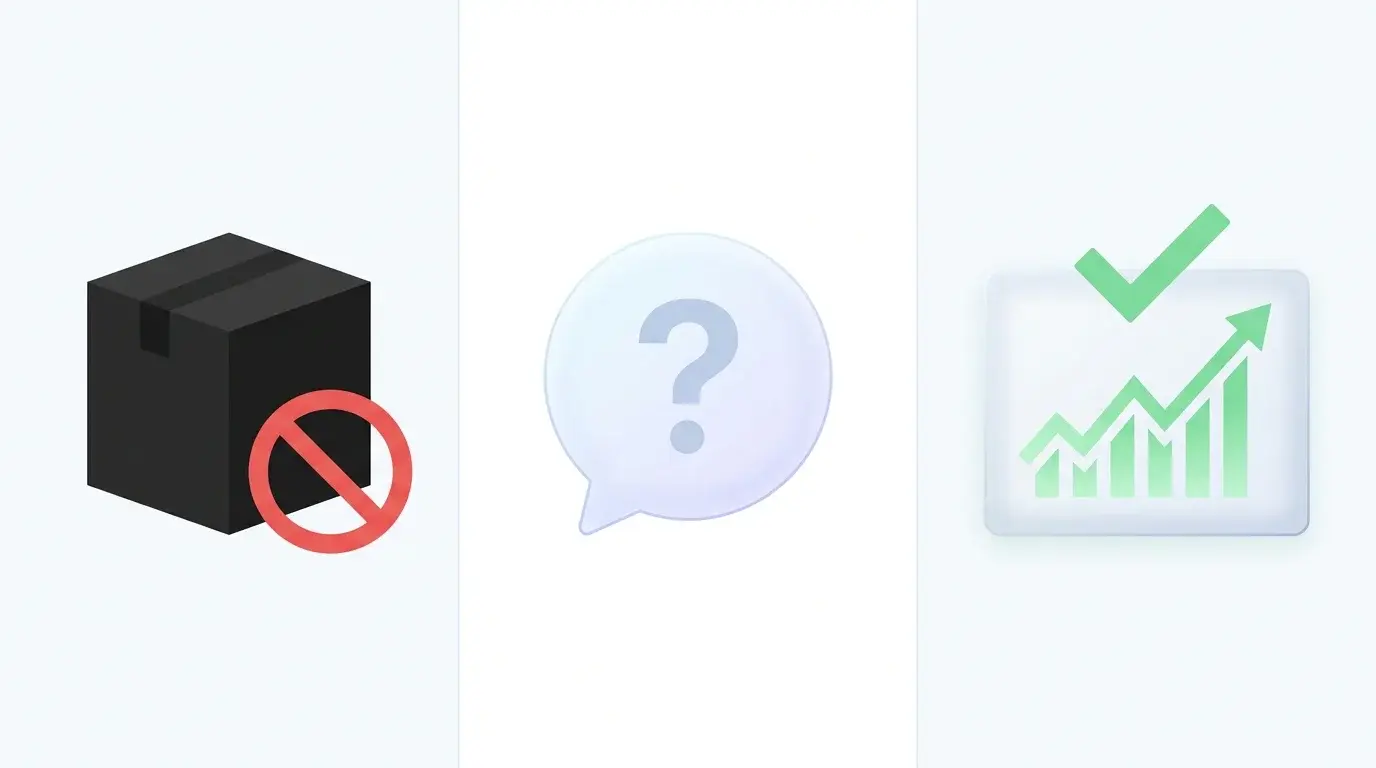 Minimalist infographic showing the three categories of AI trading tools — closed-box bots, question-mark LLM chat helpers, and check-mark research AI with live data
