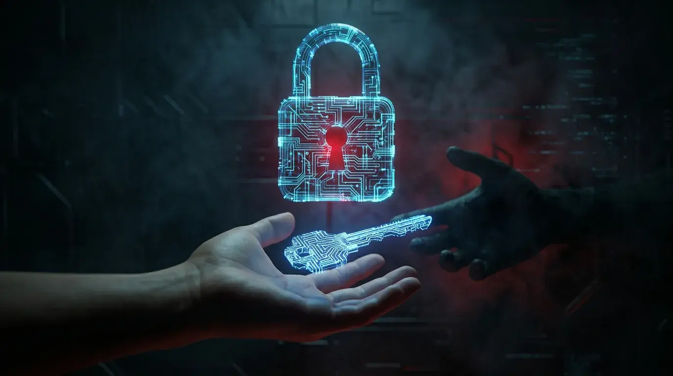 Cyber-security themed editorial render of a glowing padlock and a key shaped like a circuit being handed from one hand to another against a dark background, symbolising surrendering account access