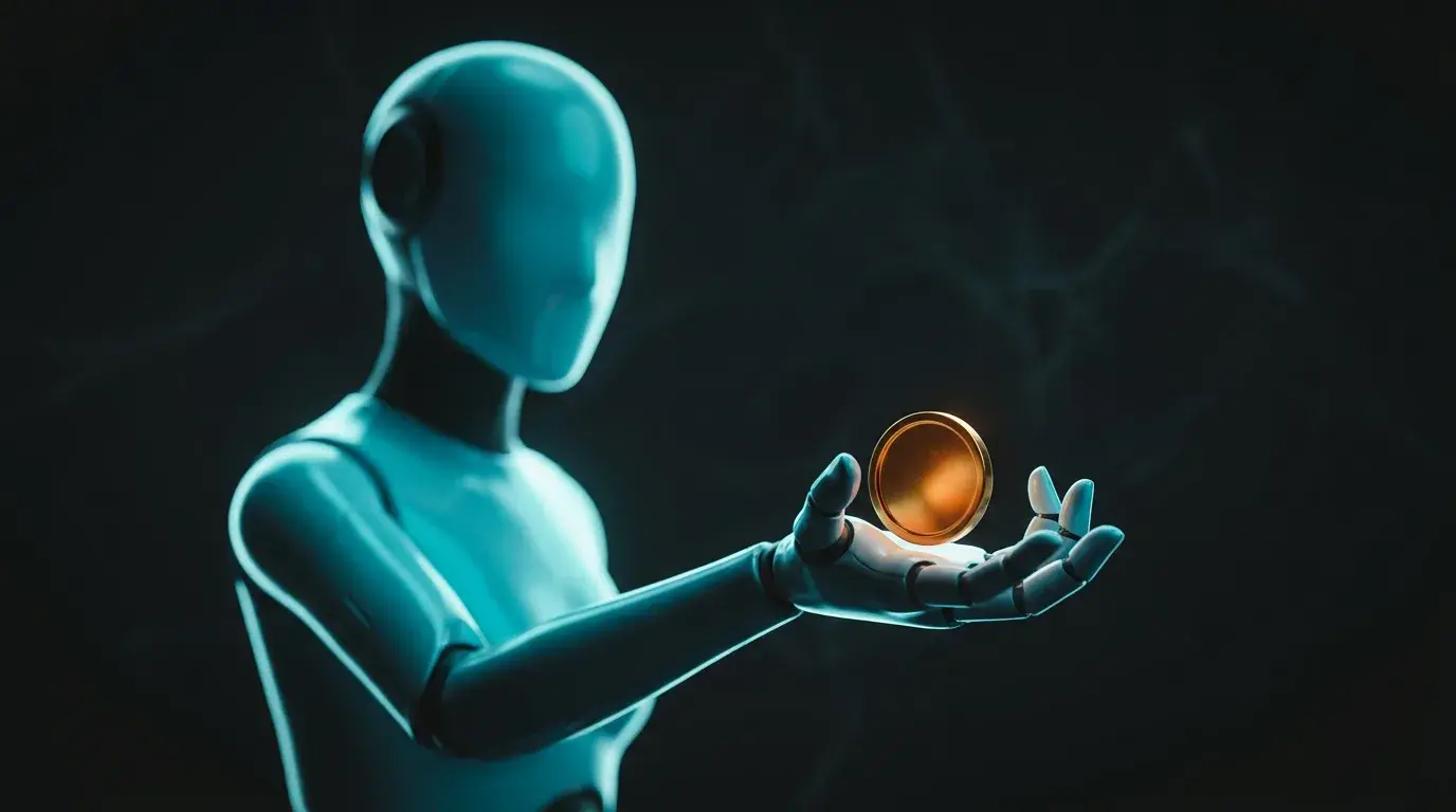 Editorial render of a glowing humanoid AI robot holding out a single shiny gold coin as bait against a dark background, one hand extended in offering