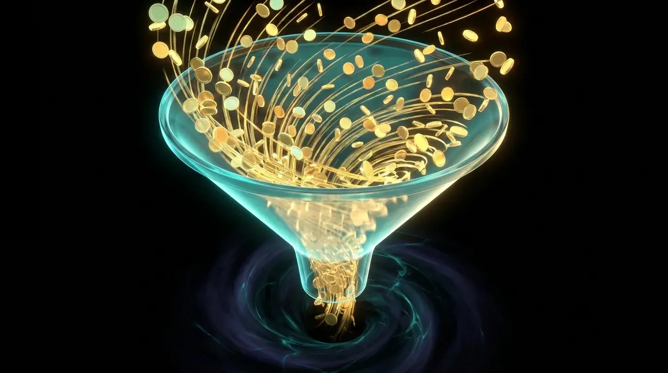Abstract diagram of a funnel with streams of glowing coins pouring in from the top and dissolving into darkness at the bottom, representing deposits that flow in but never come back out
