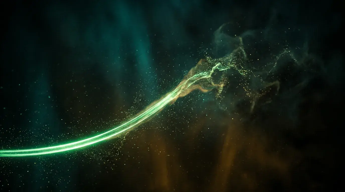 Editorial render of a smooth upward-curving guaranteed-returns line rendered as a shimmering mirage that dissolves into desert haze, symbolising promised profits that never materialise