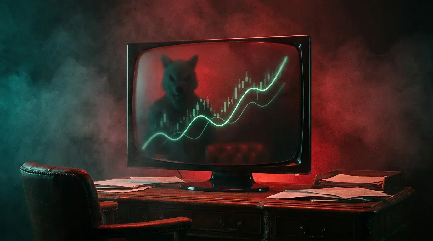 A too-perfect glowing trading profit dashboard on a dark monitor with an unsettling red undertone and a faint wolf-in-sheep silhouette reflected in the screen