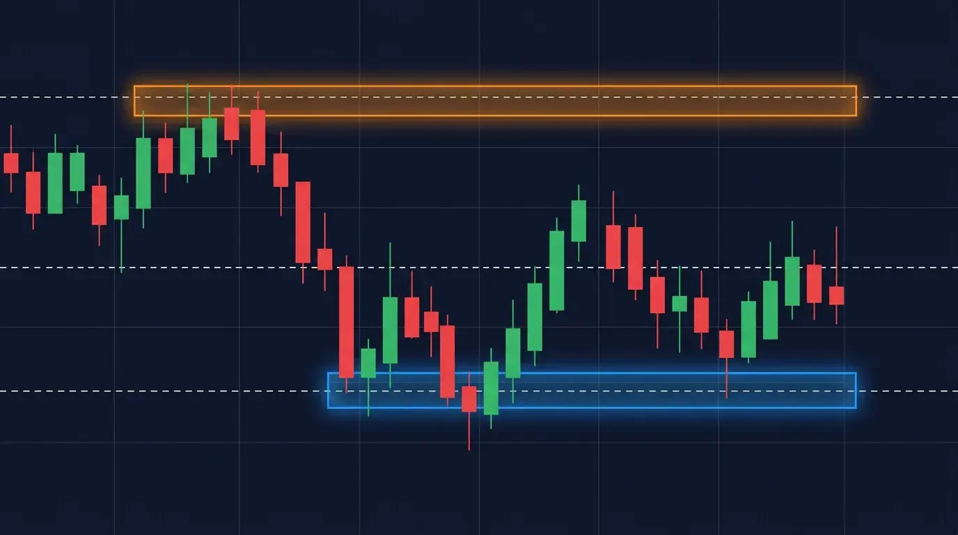 A candlestick chart with AI-drawn support and resistance zones highlighted as translucent horizontal bands