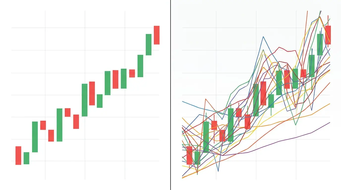 Two candlestick charts side by side: a clean well-framed chart on the left and a cluttered chart crammed with overlapping indicators on the right