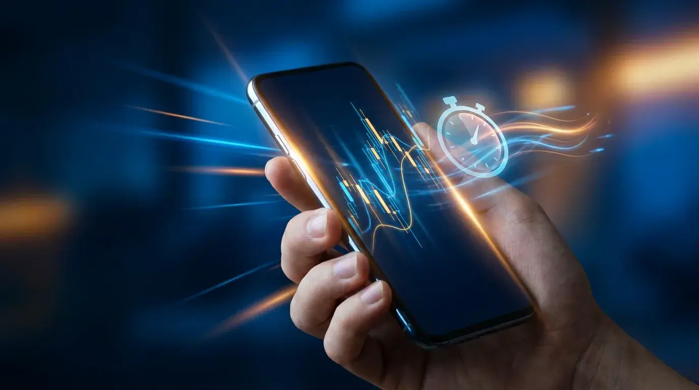 A chart screenshot being analysed at high speed with a glowing stopwatch and motion streaks, representing a 60-second AI chart read