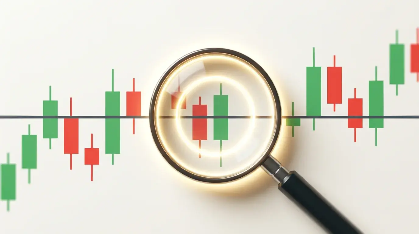 A magnifying glass hovering over a single price level on a candlestick chart, double-checking the level before trusting it
