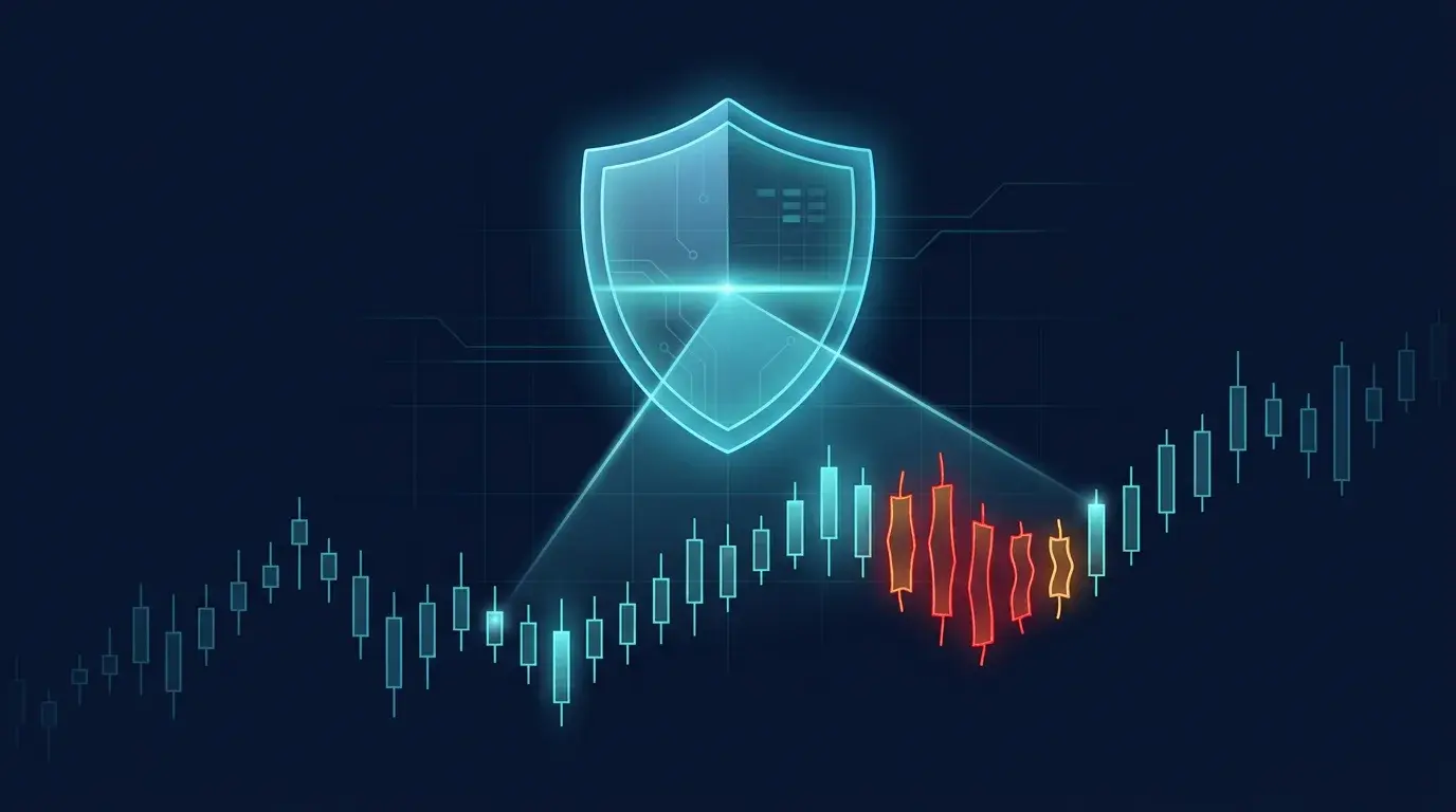 Abstract diagram of a glowing shield and scanner sweeping a candlestick chart to detect irregular repeating patterns, representing AI risk monitoring