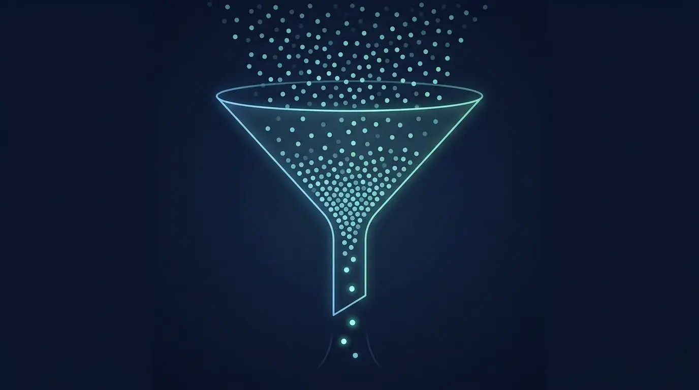 Minimalist funnel diagram showing many trader figures at the top narrowing to a few survivors at the bottom, representing evaluation attrition
