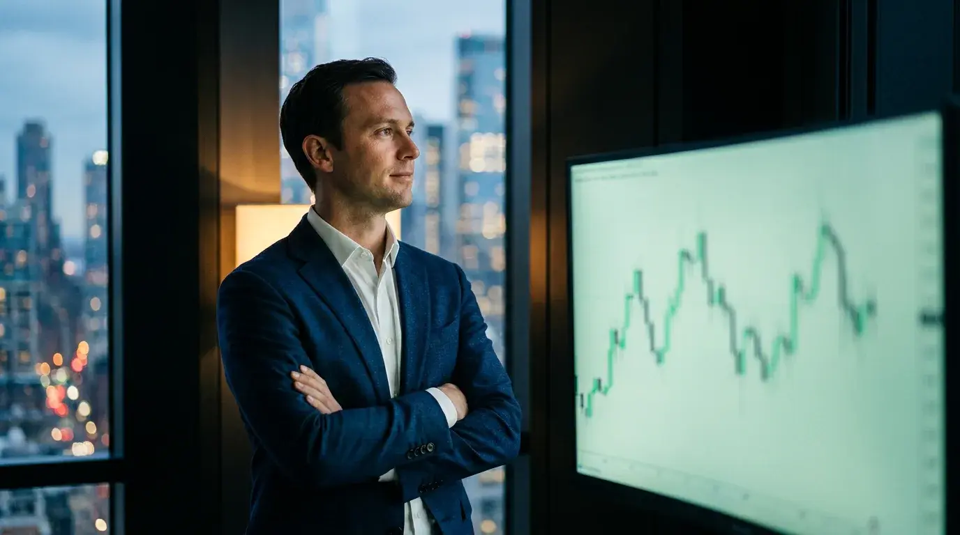 A focused professional trader at a clean minimalist desk lit dramatically, a glowing abstract funded-account aura around the workspace