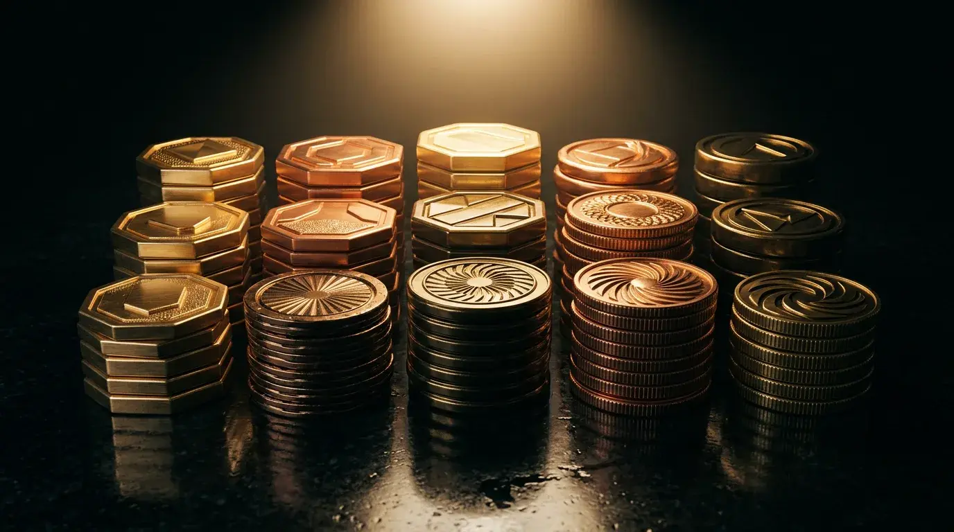 Editorial image of stacks of abstract capital chips under a dramatic spotlight on a dark background, representing prop firm payouts