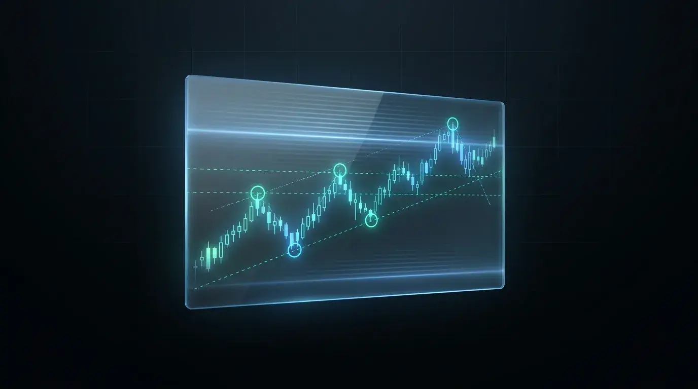 Minimalist diagram of a chart screenshot being scanned and annotated with thin marker lines and highlight rings by an AI, representing purpose-built chart-analysis software reading a screenshot