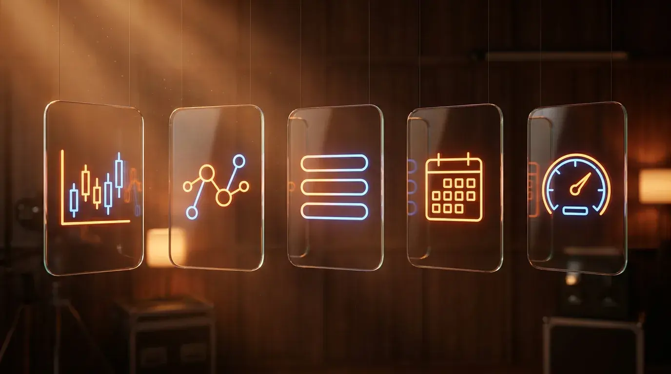 A row of glowing translucent tool panels floating in a warm studio, each holding a different abstract trading interface, representing the categories of AI tool a trader combines into a stack