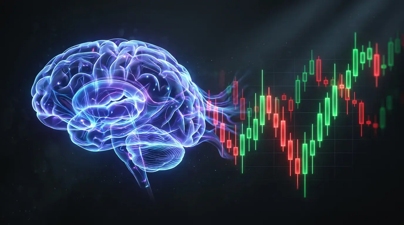 Editorial render of a glowing neural brain silhouette morphing into green and red candlestick bars, representing a general-purpose language model meeting price charts