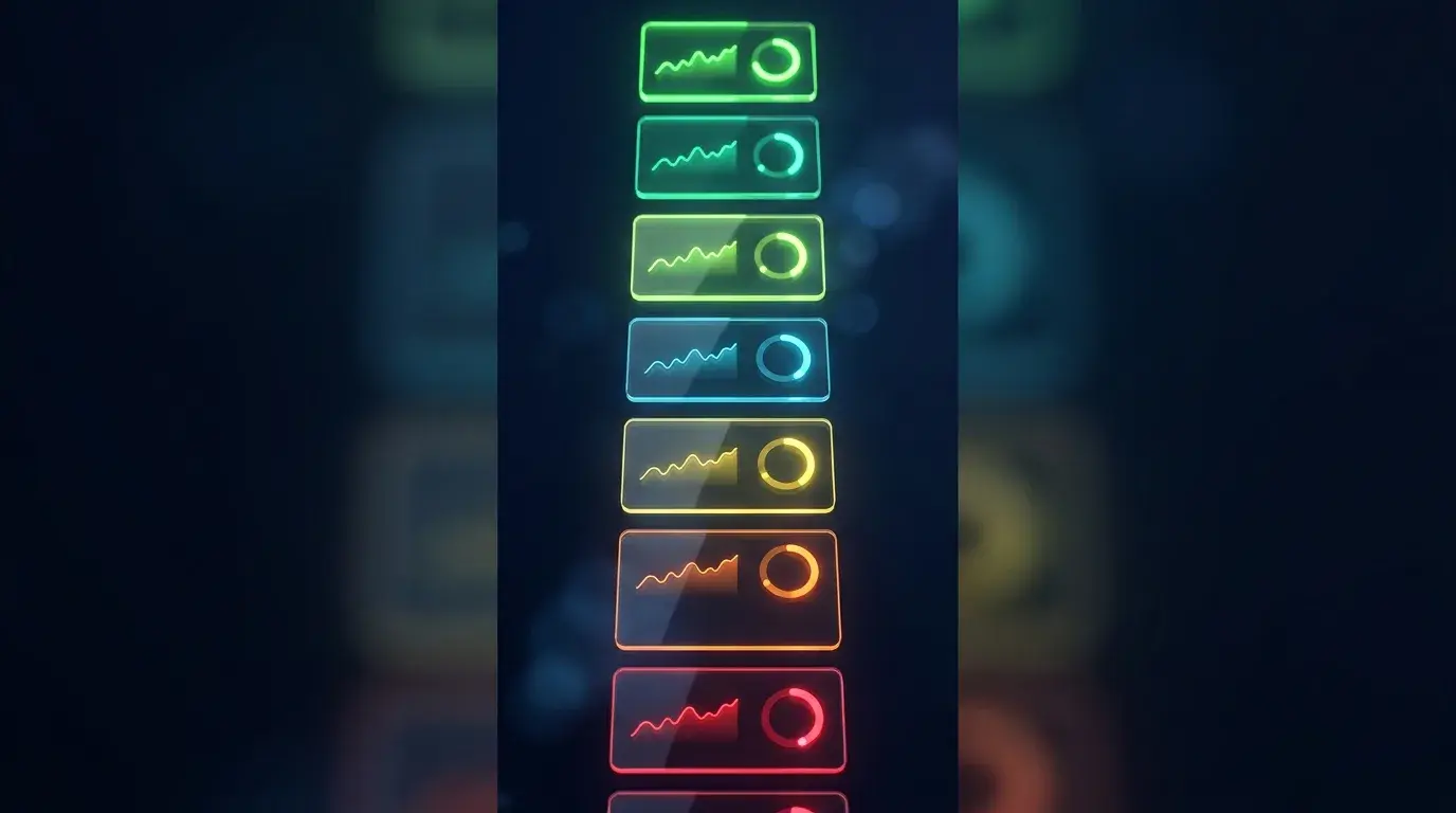 Editorial render of a dashboard of ranked, glowing instrument cards graded from green at the top to red at the bottom, representing AI news-impact and currency-strength ranking