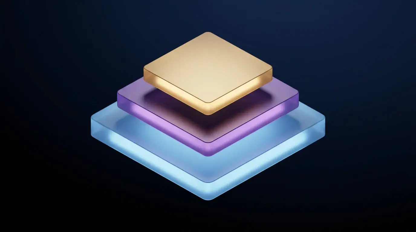 A minimalist diagram of three stacked glowing tiers representing a layered AI trading tool stack, from a broad base up to a smaller top layer