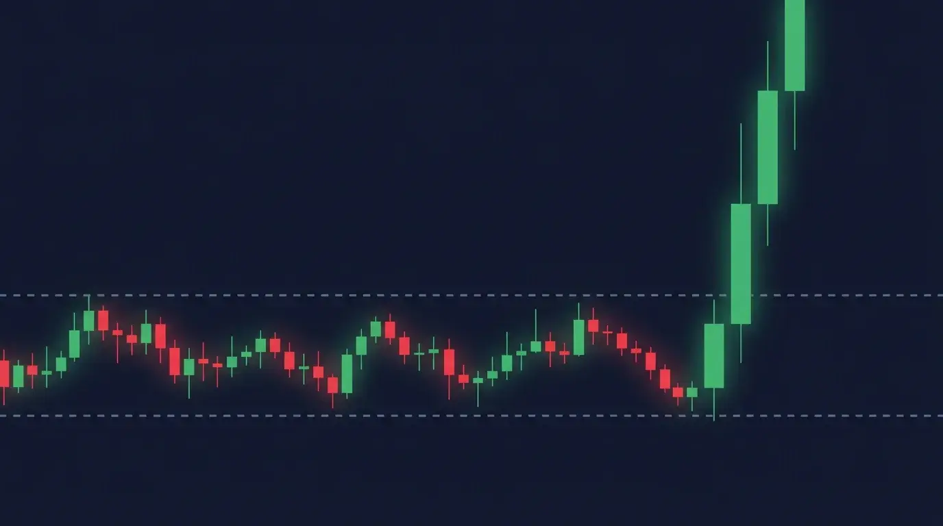 Minimalist candlestick diagram of a thin quiet Asia-session range marked by two dashed level lines that then breaks explosively upward with tall candles at the London open