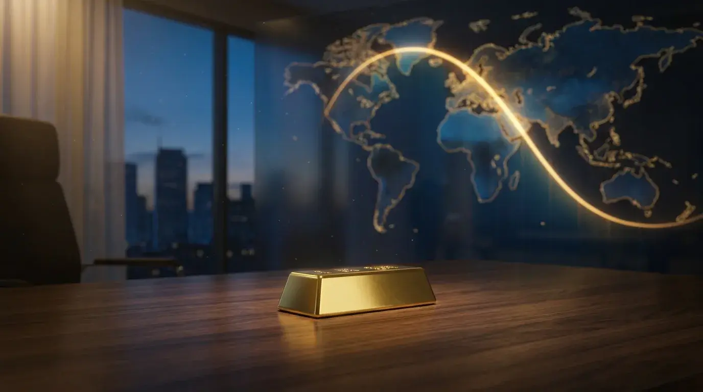 A polished gold bar on a dark desk with a softly glowing world map and a curved golden time-zone arc behind it at blue hour