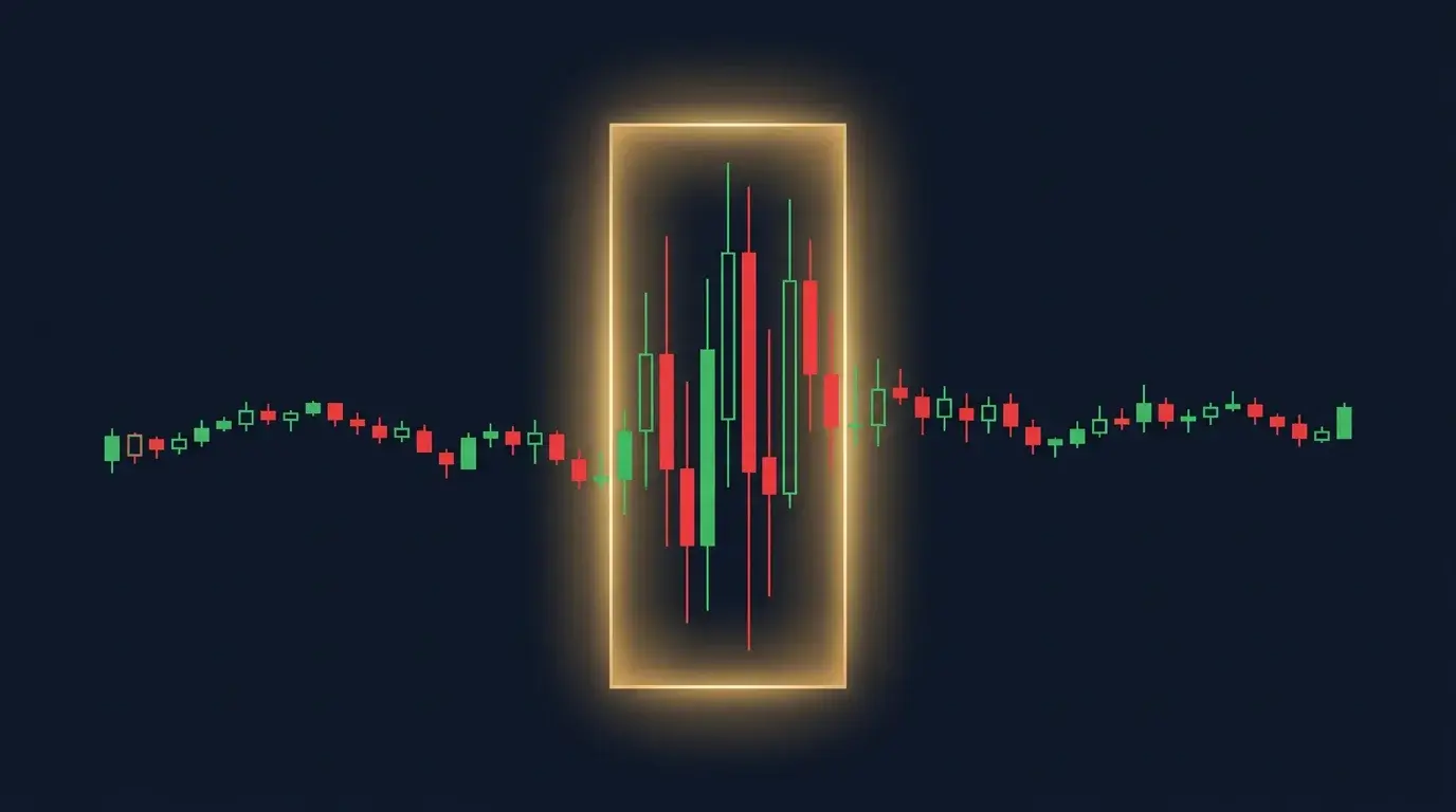 Minimalist candlestick diagram of a trading day where a single bright highlighted window in the middle contains the tallest, most active candles, clustering the daily high and low