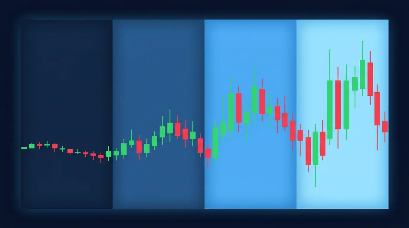 Minimalist 24-hour intraday gold candlestick diagram with four shaded session bands of increasing brightness, the candles growing taller from the dim Asia band to the bright London and New York bands