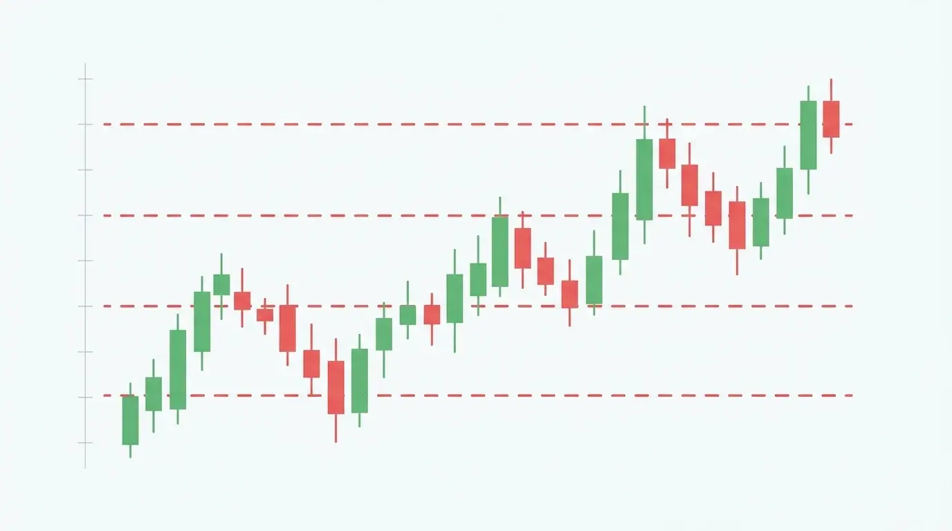 Candlestick chart with clearly misaligned red dashed horizontal lines at arbitrary round-number levels, illustrating AI hallucinated support and resistance