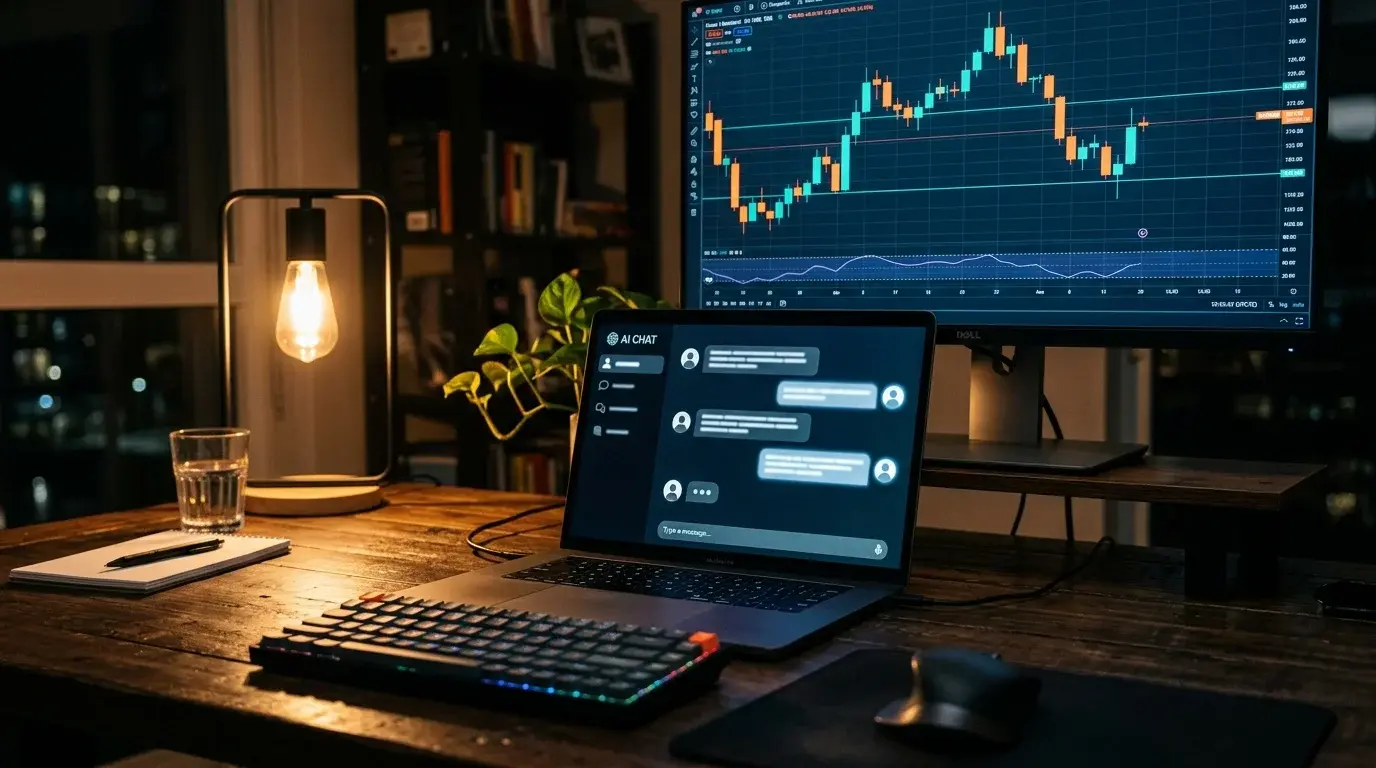Photoreal night desk scene with a laptop running a chat interface beside a second monitor displaying a forex candlestick chart — the ChatGPT-for-trading workflow in 2026