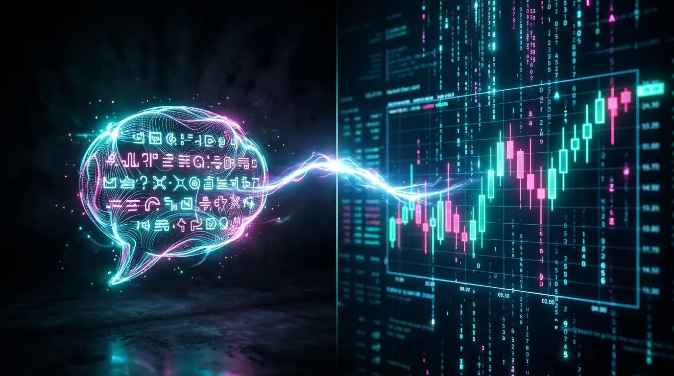 Split-screen visual of a language-model chat bubble on the left connected to a holographic chart with streaming live price data on the right — LLM plus live-data stack