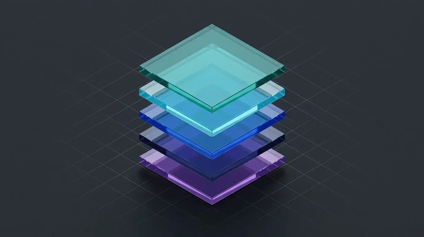 Stacked translucent glass panels in teal, cyan and violet representing a layered prompt chain for trading research tasks
