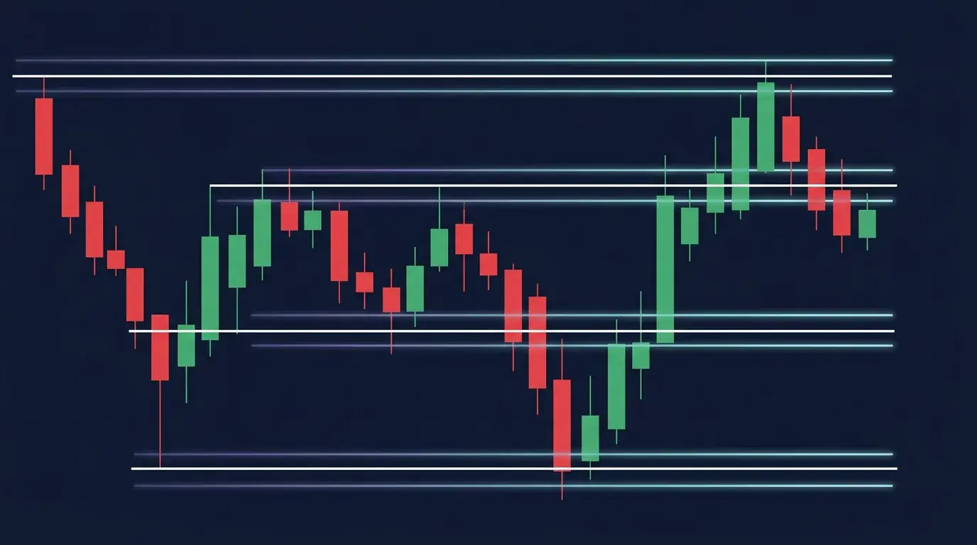 Minimalist candlestick chart with solid horizontal level lines and faint translucent ghost lines floating slightly offset from the real levels, illustrating hallucinated support and resistance