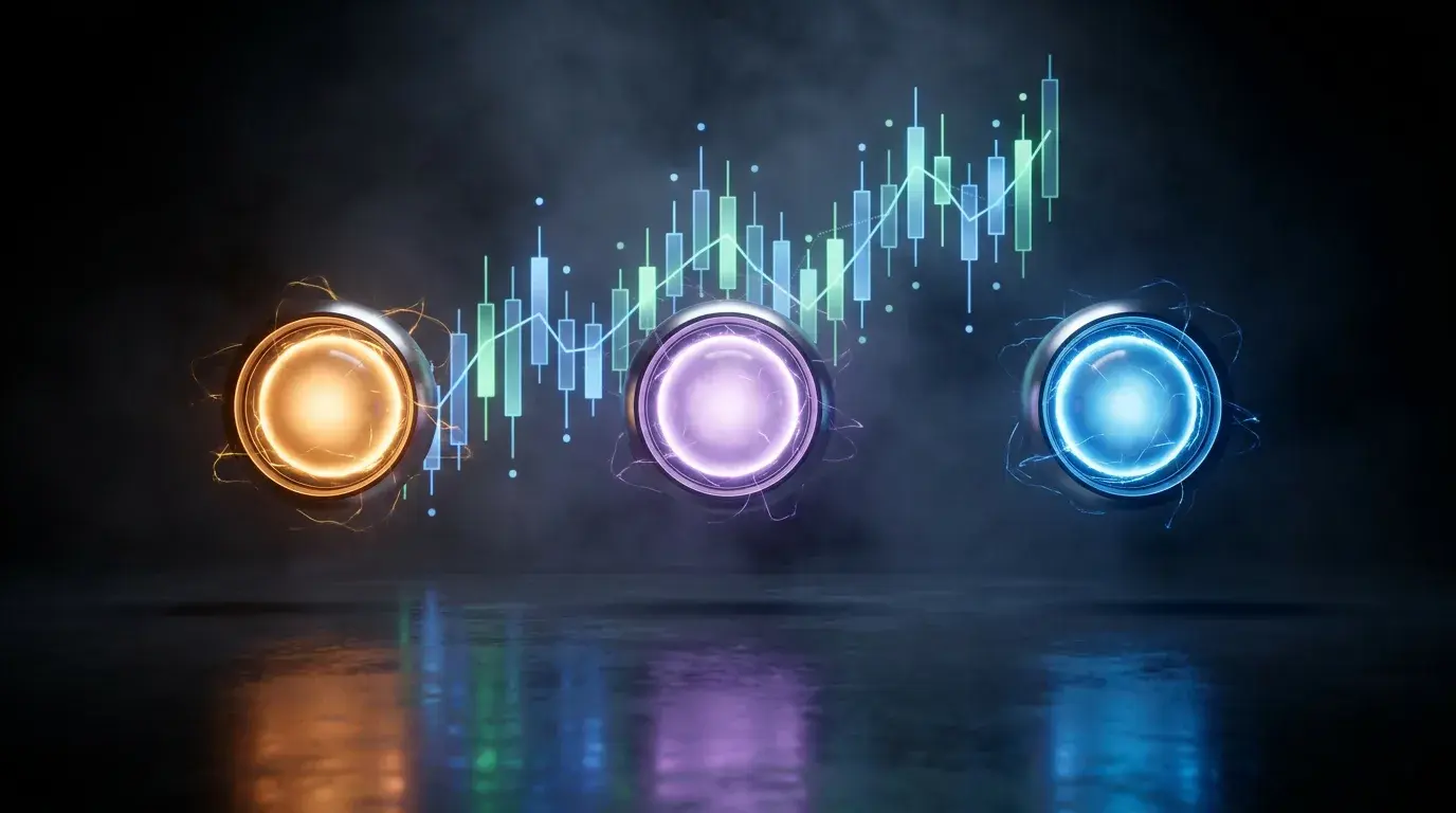 Three glowing AI core orbs in warm orange, violet and electric blue floating in front of a candlestick chart on a dark studio stage
