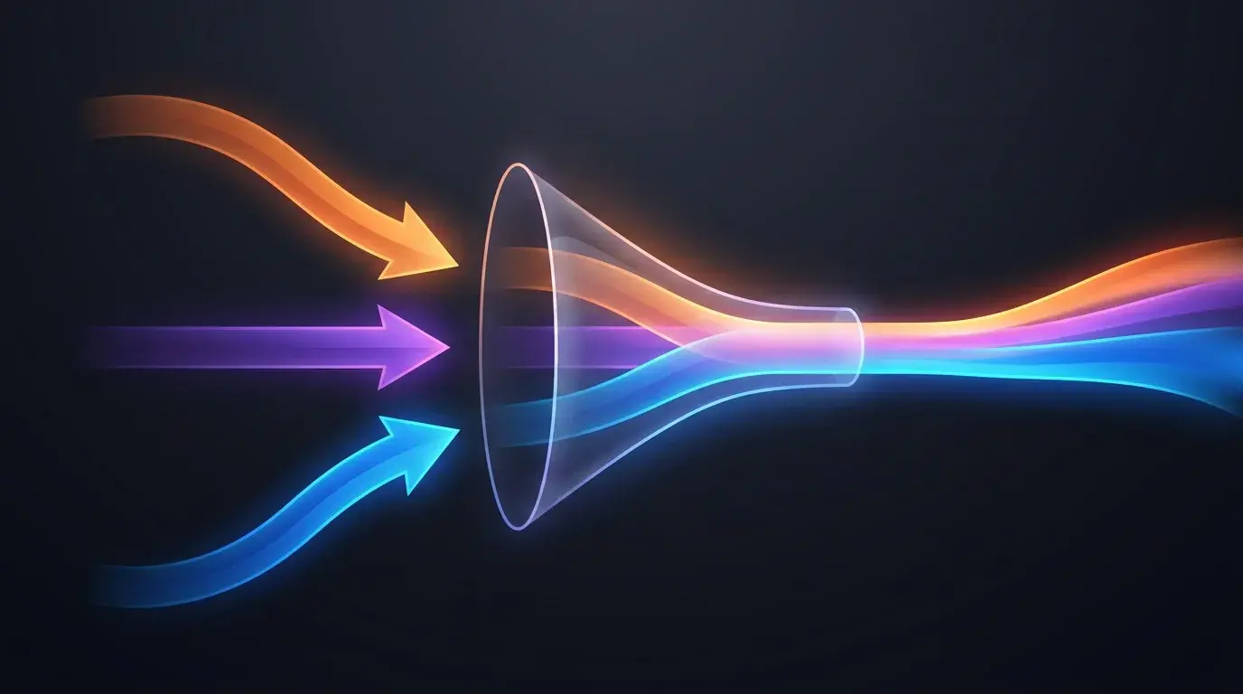 Three colored arrows in orange, violet and electric blue converging into a single funnel that outputs one unified stream, representing a multi-model trading workflow