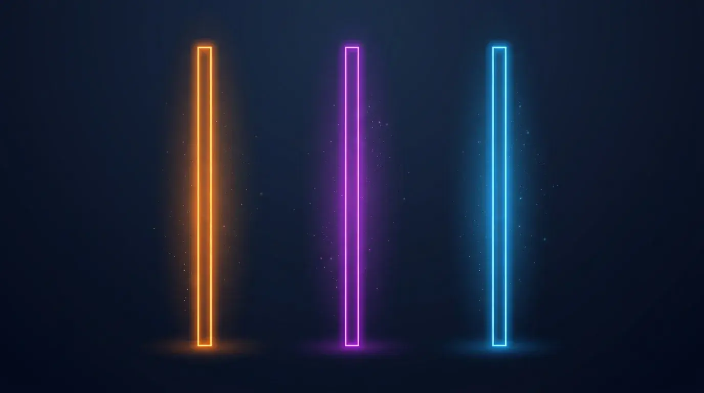 Abstract diagram of three vertical glowing lanes in orange, violet and electric blue representing a three-way comparison of AI models