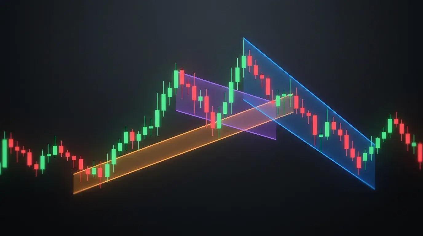 A single candlestick chart with three translucent colored analytical overlays layered on top in orange, violet and electric blue