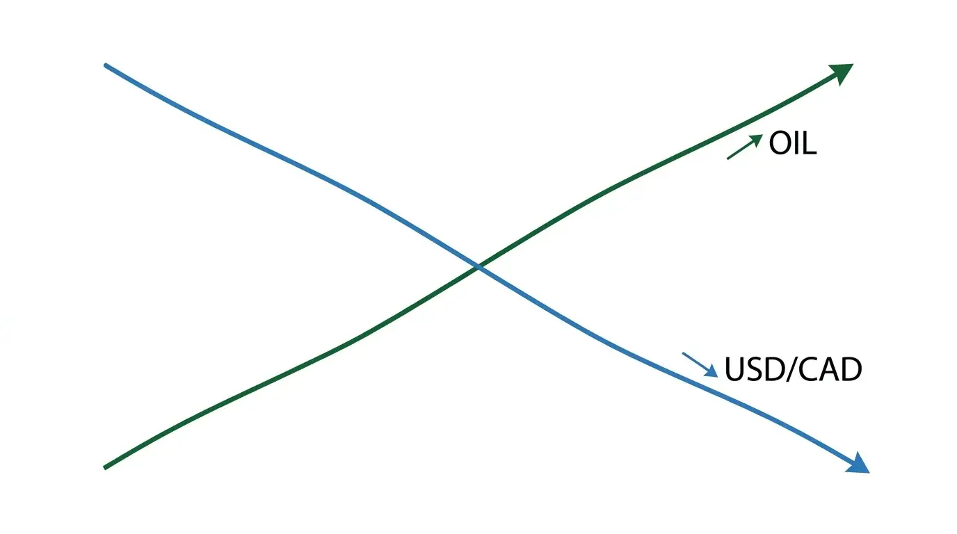 Dual-line chart diagram showing crude oil rallying while USD/CAD falls in mirror fashion, with the inverse relationship annotated