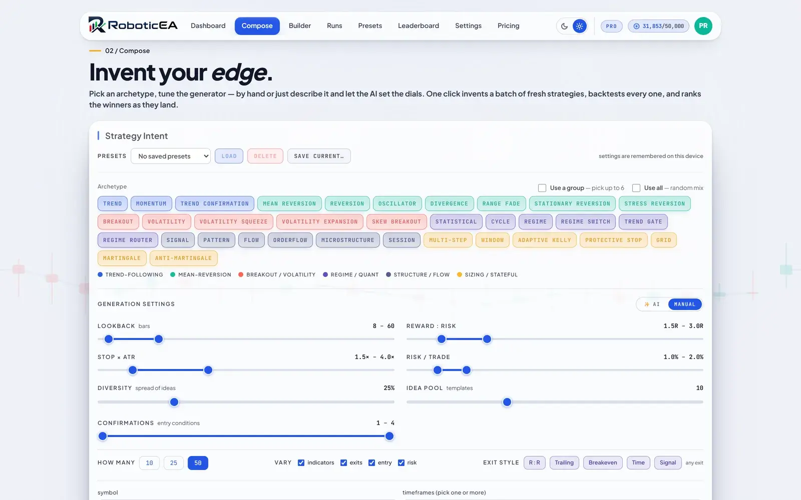 A strategy composition screen with 34 selectable archetypes grouped into families such as trend-following, mean-reversion, breakout, regime and sizing, plus range sliders for lookback, stop multiple, reward to risk, risk per trade and diversity