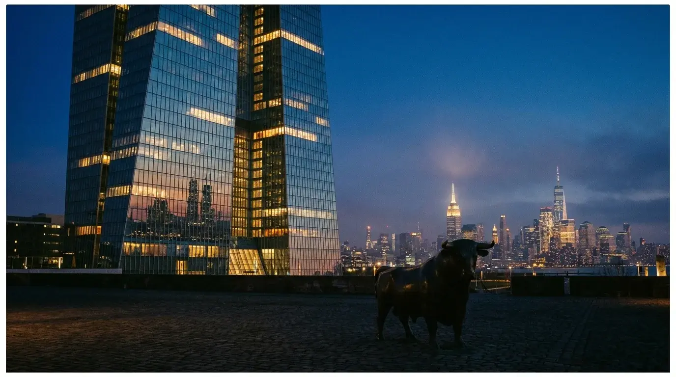 Cinematic editorial composite of Frankfurt's ECB district at blue hour merged with a mirrored Manhattan skyline reflection â€” the two anchor cities of the EUR/USD pair